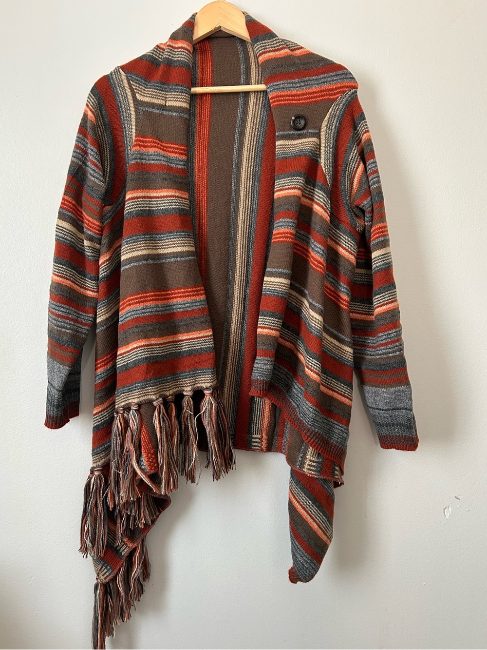 Striped Fringe Open-Front Women's Poncho Cardigan - Rust & Brown